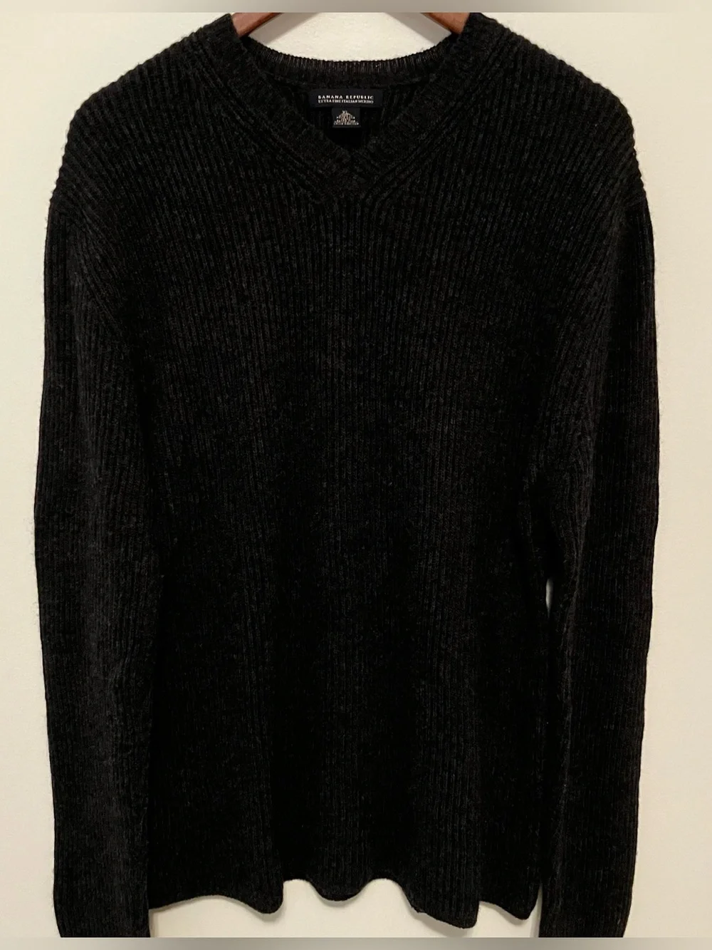 VTG Banana Republic Men’s Wool XL Gray Fisherman Rib Knit V-neck Sweater Y2K